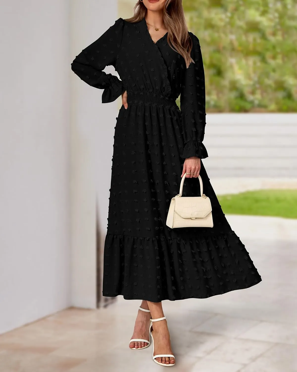 BTFBM Women Spring Dresses 2025 Long Sleeve V Neck Swiss Dots Maxi Dress Boho Long Dress High Waisted A-Line Ruffle Dress