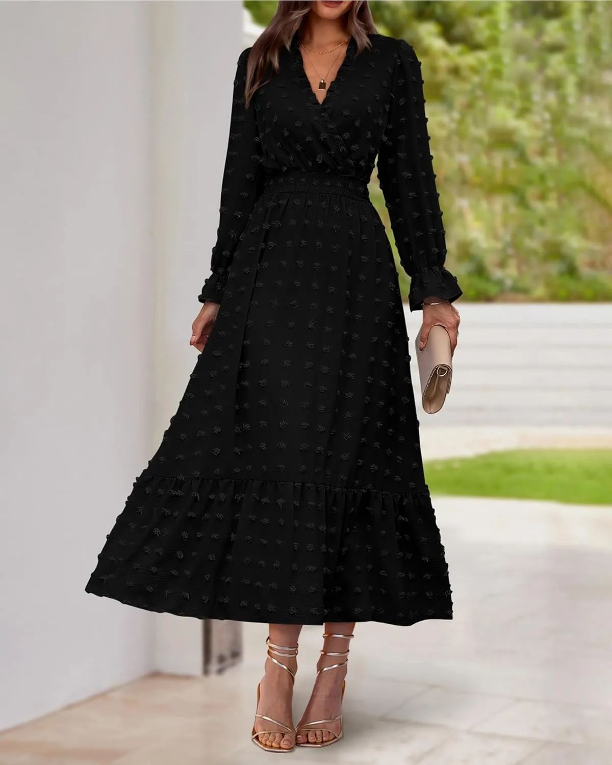 BTFBM Women Spring Dresses 2025 Long Sleeve V Neck Swiss Dots Maxi Dress Boho Long Dress High Waisted A-Line Ruffle Dress