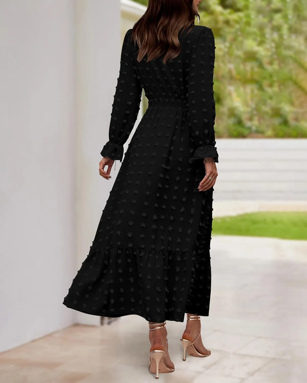 BTFBM Women Spring Dresses 2025 Long Sleeve V Neck Swiss Dots Maxi Dress Boho Long Dress High Waisted A-Line Ruffle Dress