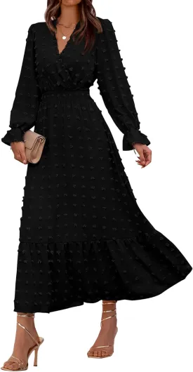BTFBM Women Spring Dresses 2025 Long Sleeve V Neck Swiss Dots Maxi Dress Boho Long Dress High Waisted A-Line Ruffle Dress