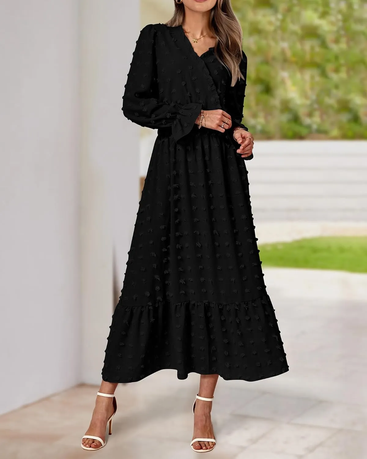 BTFBM Women Spring Dresses 2025 Long Sleeve V Neck Swiss Dots Maxi Dress Boho Long Dress High Waisted A-Line Ruffle Dress