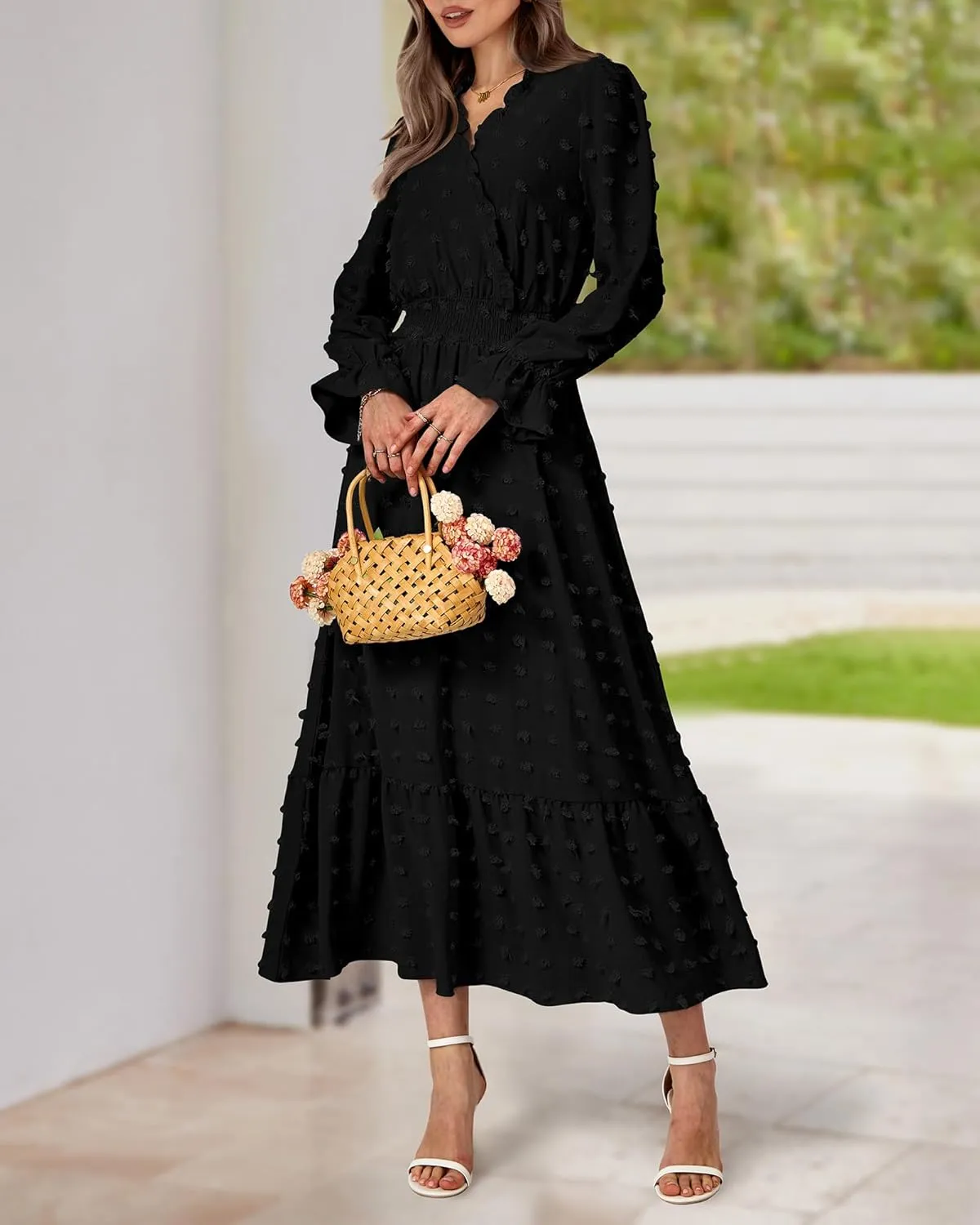 BTFBM Women Spring Dresses 2025 Long Sleeve V Neck Swiss Dots Maxi Dress Boho Long Dress High Waisted A-Line Ruffle Dress