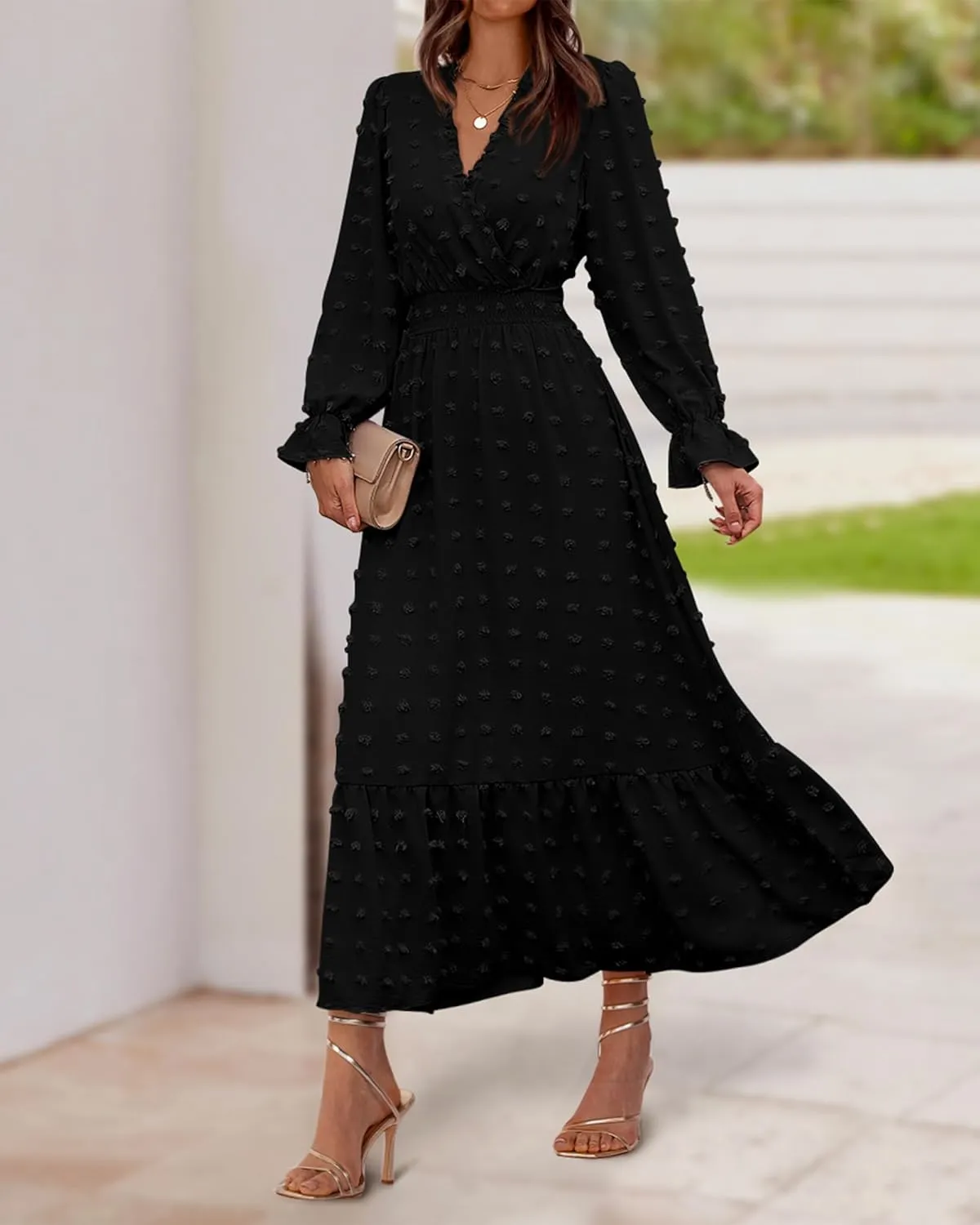 BTFBM Women Spring Dresses 2025 Long Sleeve V Neck Swiss Dots Maxi Dress Boho Long Dress High Waisted A-Line Ruffle Dress
