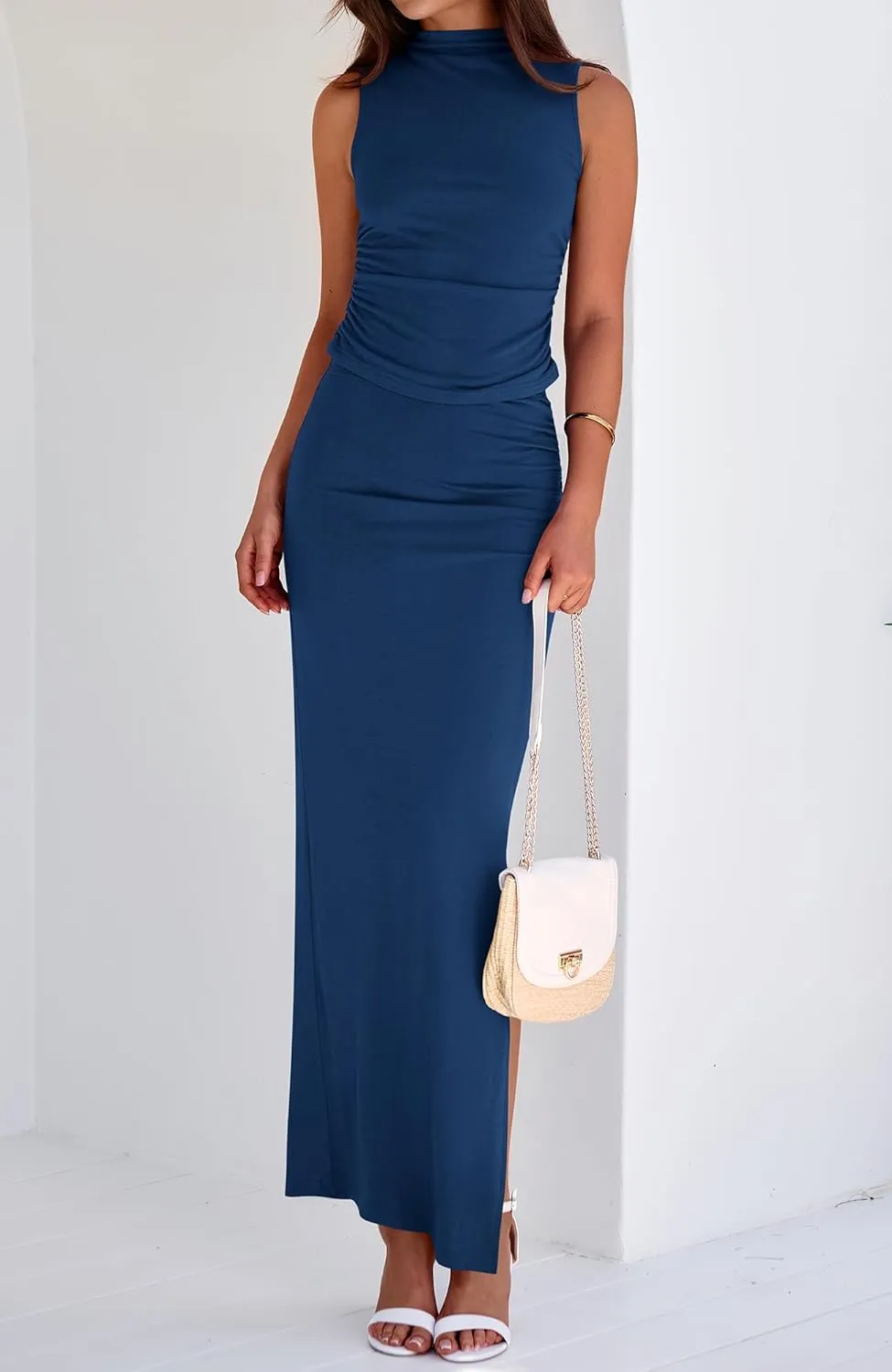 BTFBM Womens Two Piece Outfits Summer Lightweight 2025 Mock Neck Sleeveless Knit Tops Maxi Skirt Set Going Out Dress