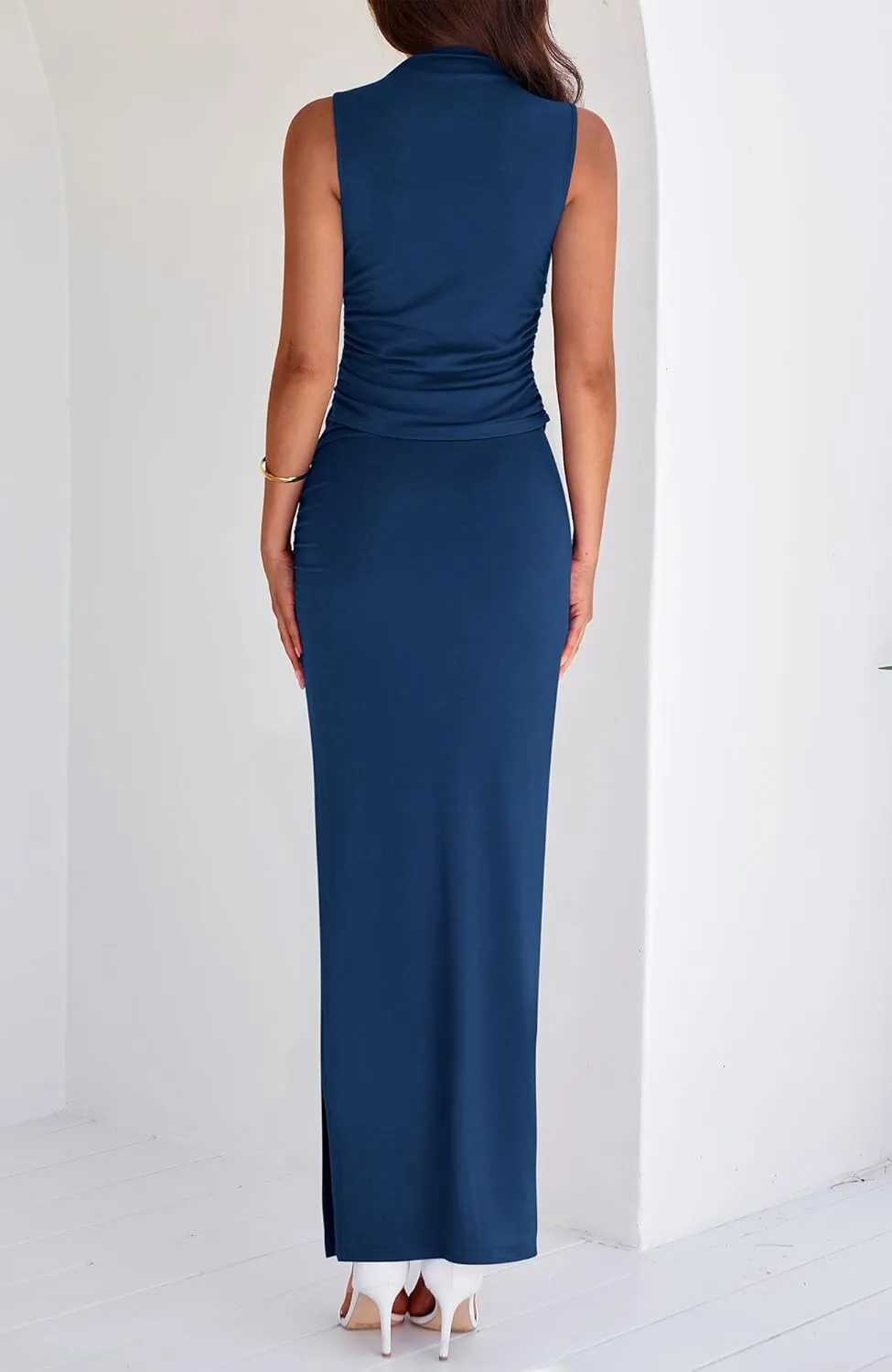 BTFBM Womens Two Piece Outfits Summer Lightweight 2025 Mock Neck Sleeveless Knit Tops Maxi Skirt Set Going Out Dress
