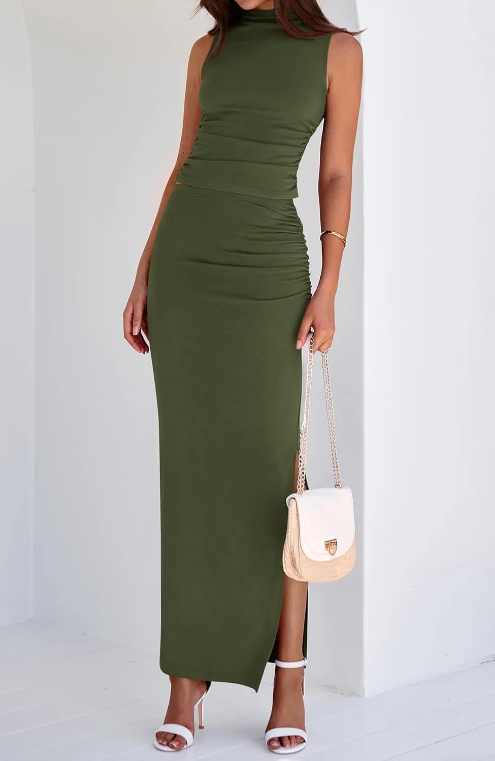 BTFBM Womens Two Piece Outfits Summer Lightweight 2025 Mock Neck Sleeveless Knit Tops Maxi Skirt Set Going Out Dress