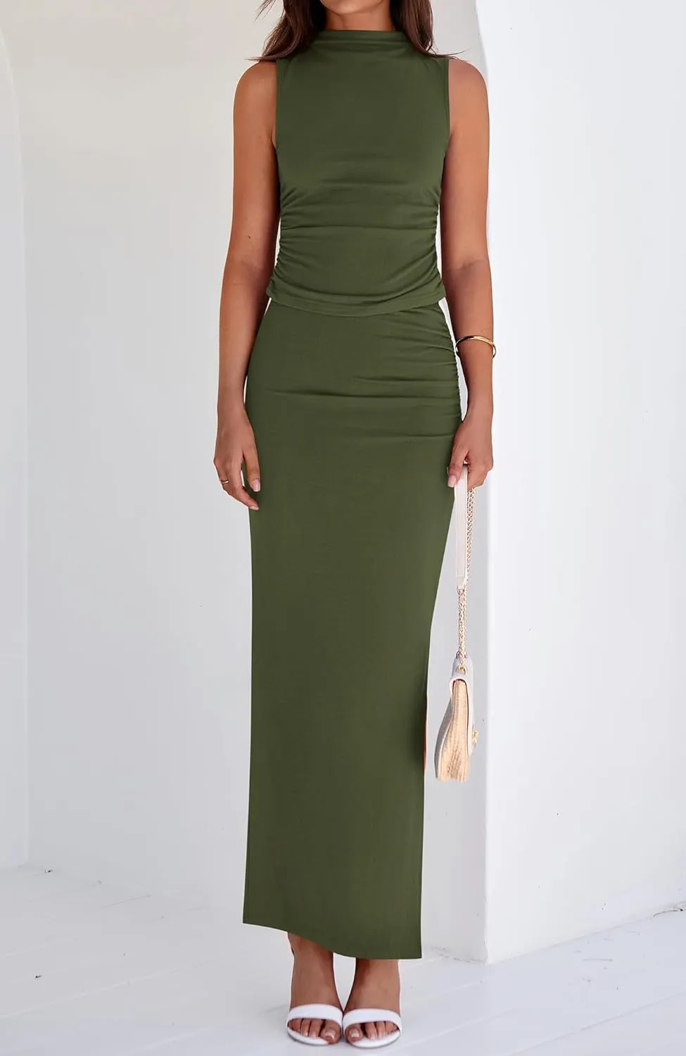 BTFBM Womens Two Piece Outfits Summer Lightweight 2025 Mock Neck Sleeveless Knit Tops Maxi Skirt Set Going Out Dress