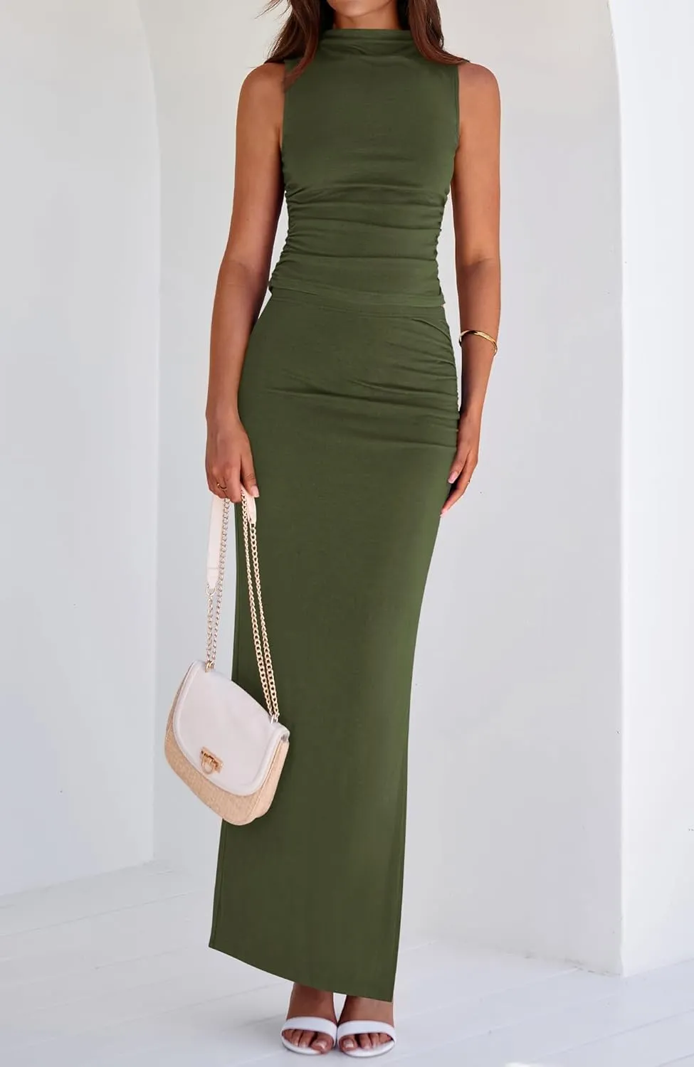 BTFBM Womens Two Piece Outfits Summer Lightweight 2025 Mock Neck Sleeveless Knit Tops Maxi Skirt Set Going Out Dress