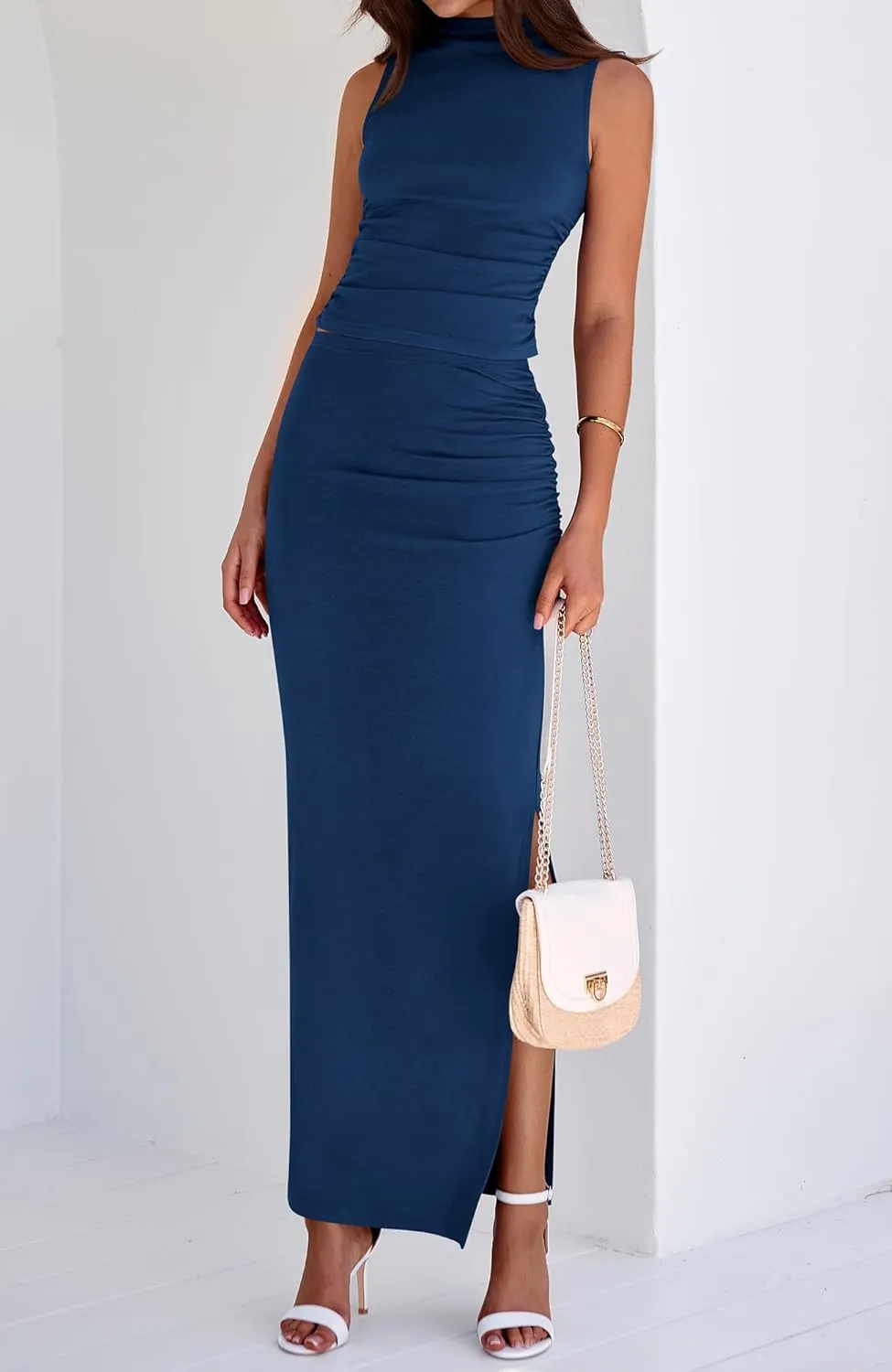 BTFBM Womens Two Piece Outfits Summer Lightweight 2025 Mock Neck Sleeveless Knit Tops Maxi Skirt Set Going Out Dress