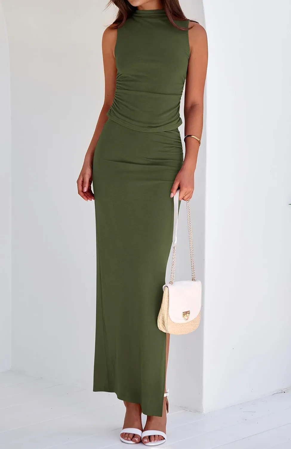 BTFBM Womens Two Piece Outfits Summer Lightweight 2025 Mock Neck Sleeveless Knit Tops Maxi Skirt Set Going Out Dress