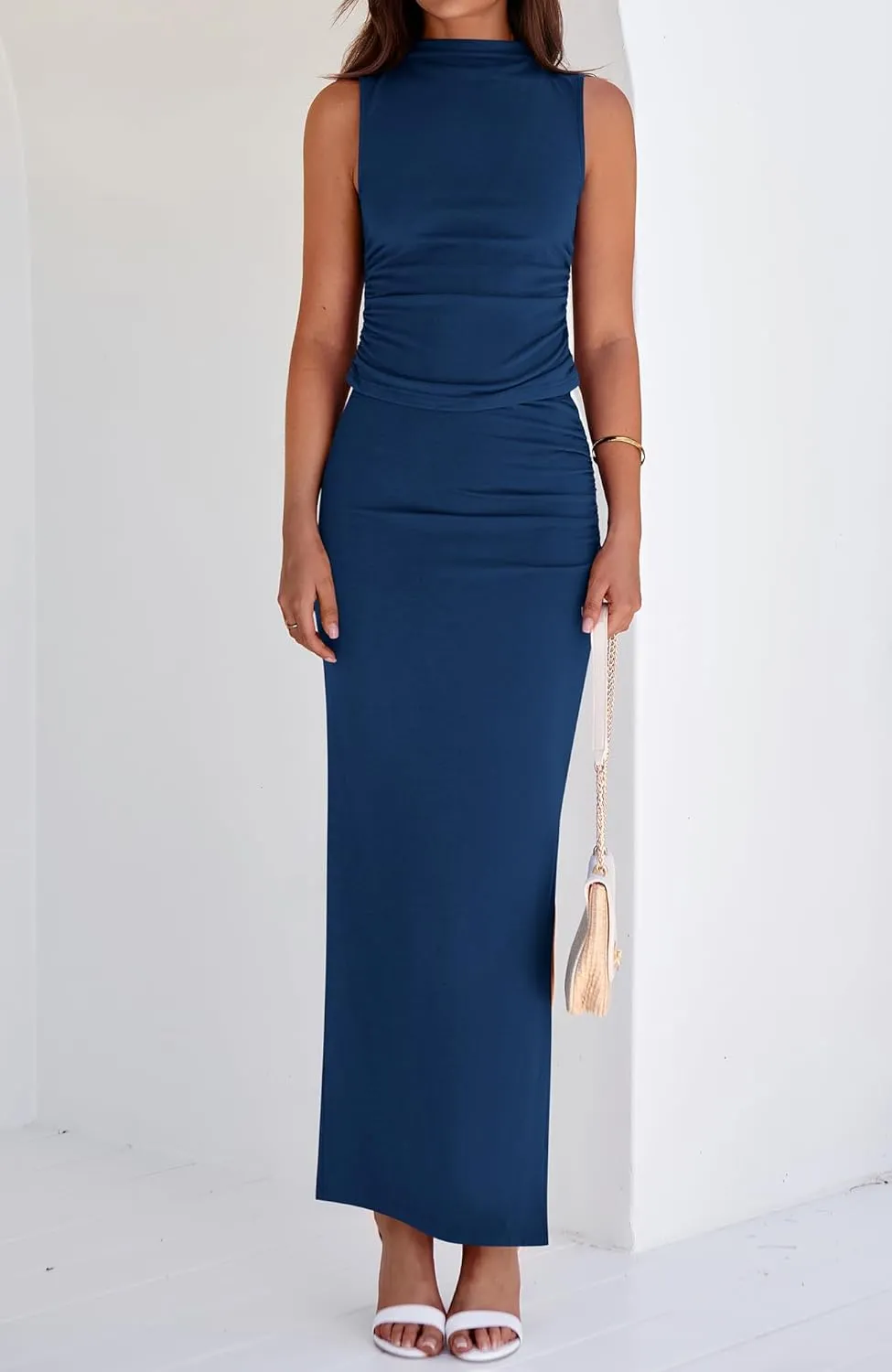 BTFBM Womens Two Piece Outfits Summer Lightweight 2025 Mock Neck Sleeveless Knit Tops Maxi Skirt Set Going Out Dress