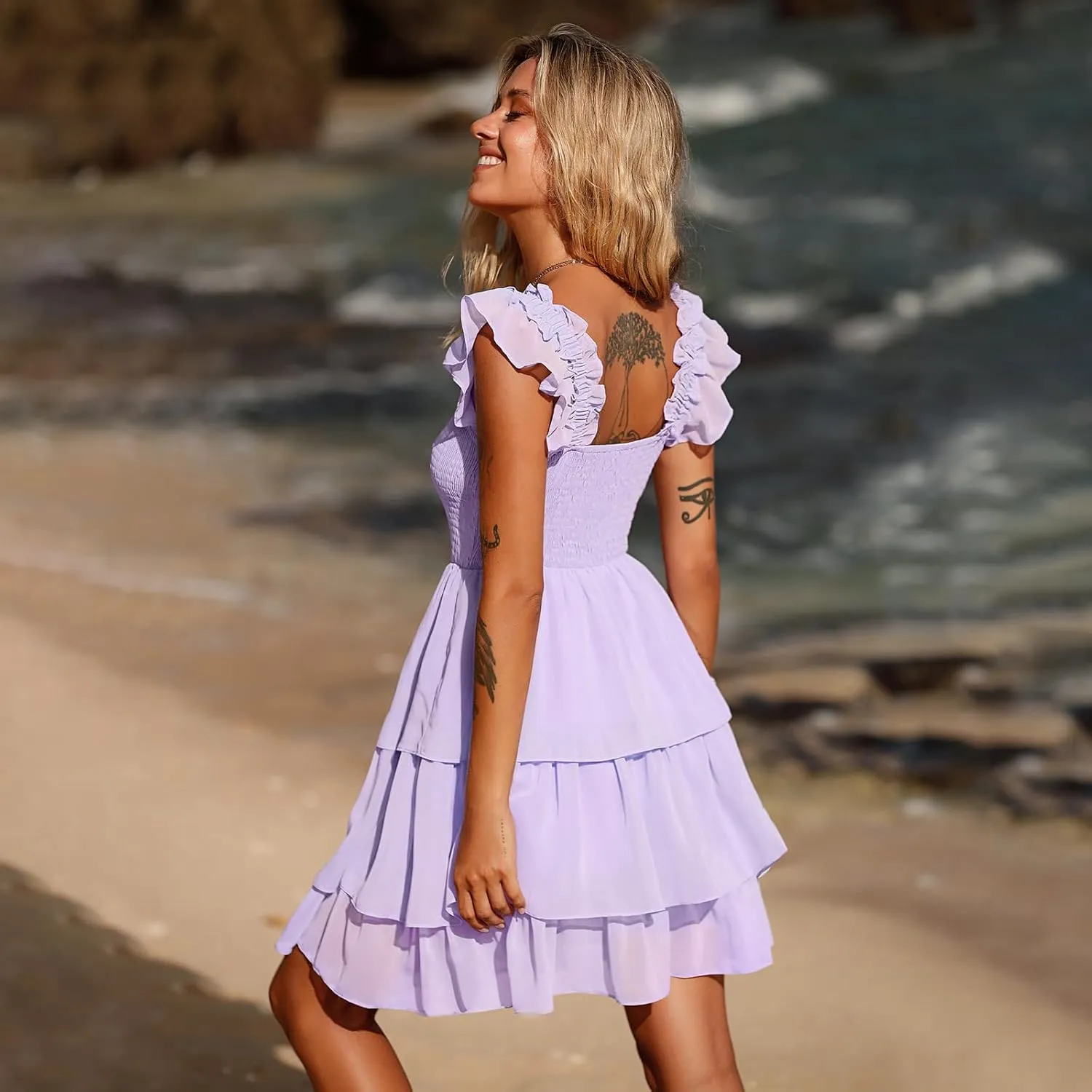 Byinns Womens Square Neck Sleeveless Ruffle Dress High Waist Backless Tiered Smocked Strappy Casual Short Mini Dresses