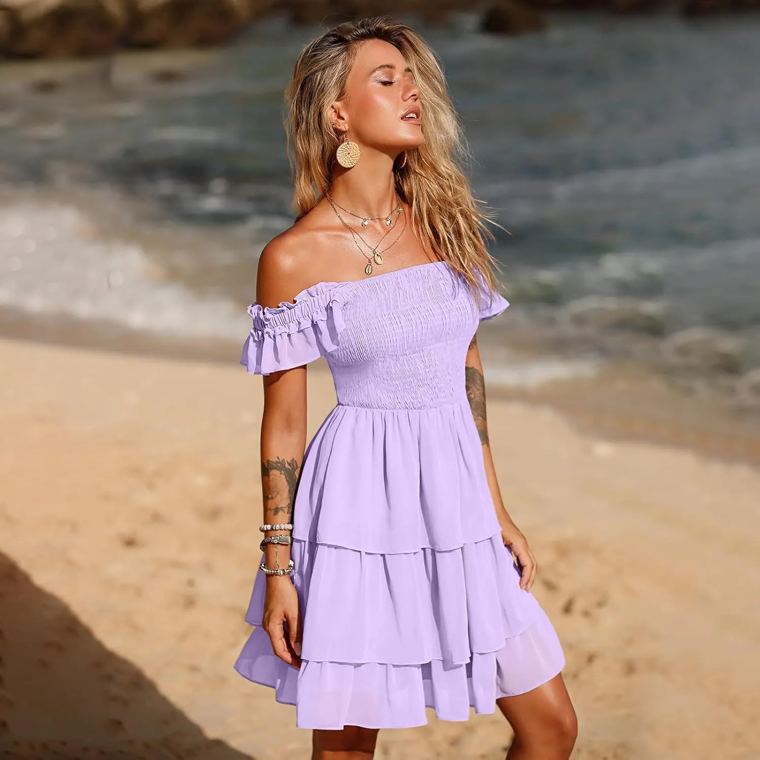 Byinns Womens Square Neck Sleeveless Ruffle Dress High Waist Backless Tiered Smocked Strappy Casual Short Mini Dresses