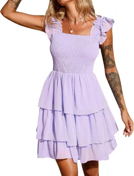 Byinns Womens Square Neck Sleeveless Ruffle Dress High Waist Backless Tiered Smocked Strappy Casual Short Mini Dresses