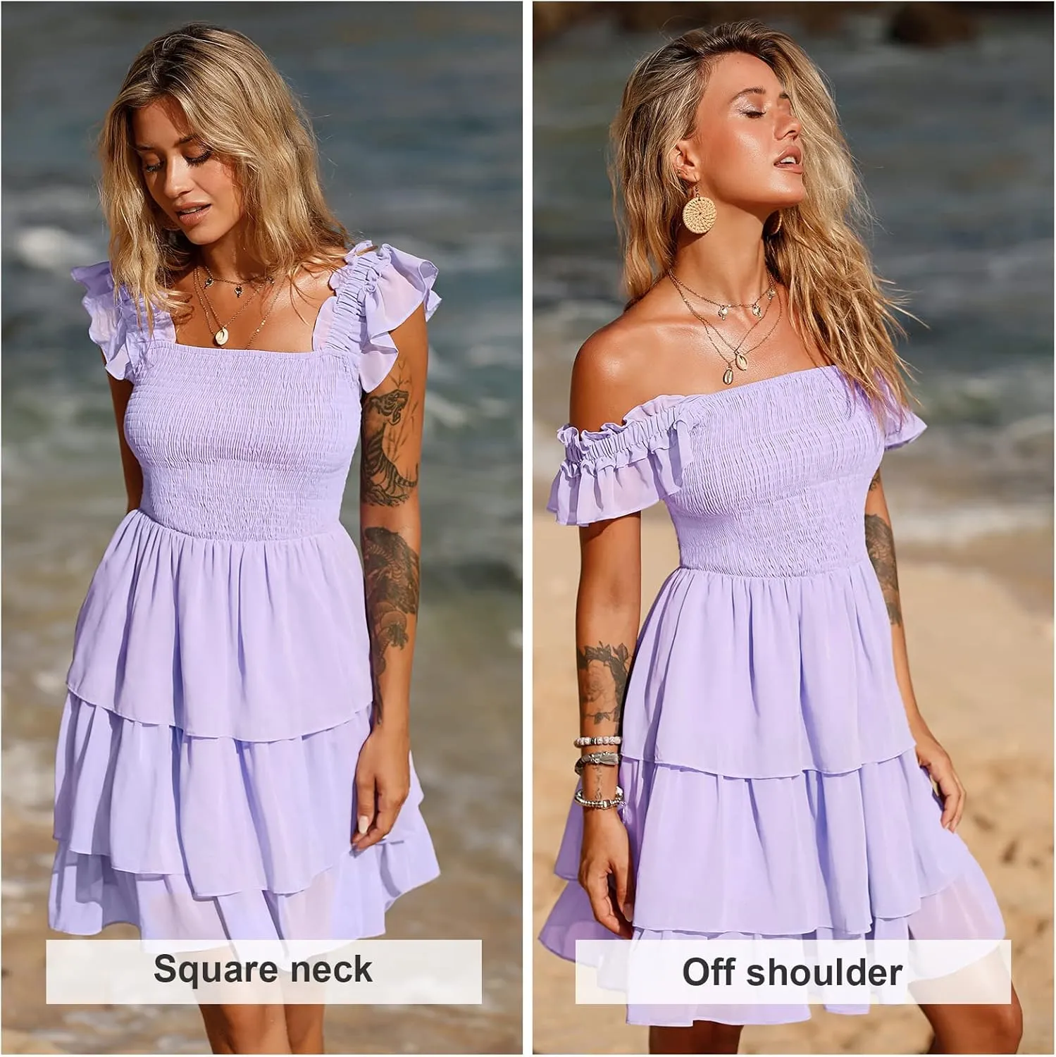 Byinns Womens Square Neck Sleeveless Ruffle Dress High Waist Backless Tiered Smocked Strappy Casual Short Mini Dresses