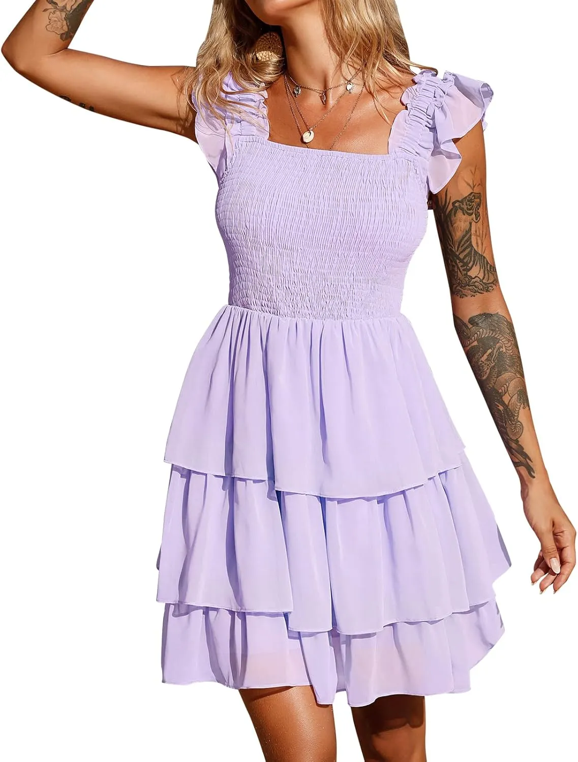 Byinns Womens Square Neck Sleeveless Ruffle Dress High Waist Backless Tiered Smocked Strappy Casual Short Mini Dresses