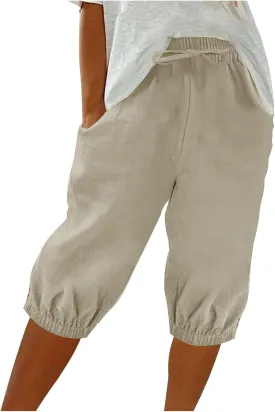 Capri Pants for Women Cotton Linen Elastic Waisted Drawstring Shorts with Pockets Summer Casual Shorts with Pockets