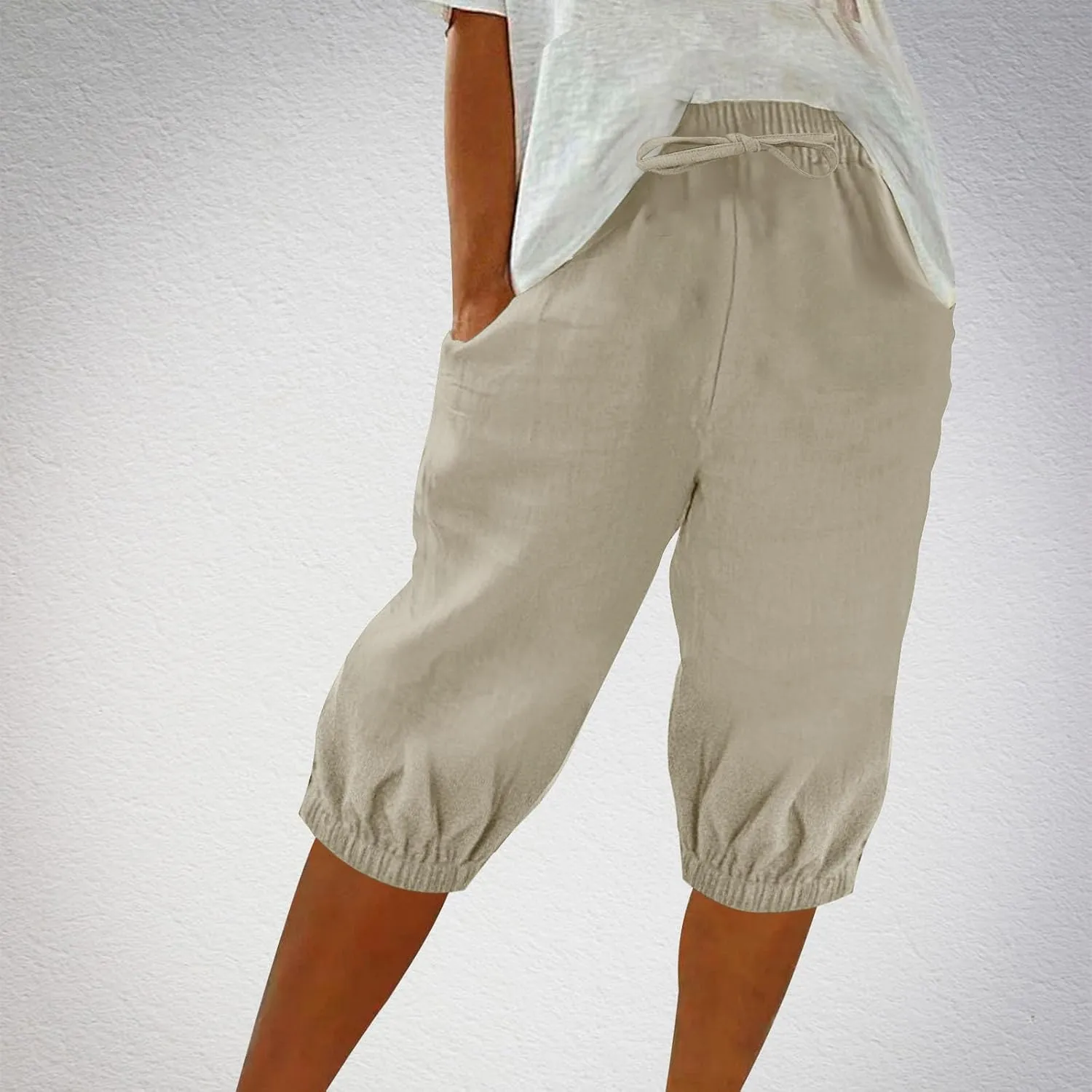 Capri Pants for Women Cotton Linen Elastic Waisted Drawstring Shorts with Pockets Summer Casual Shorts with Pockets