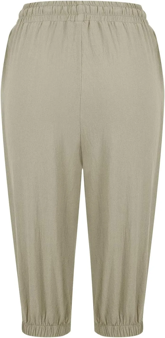 Capri Pants for Women Cotton Linen Elastic Waisted Drawstring Shorts with Pockets Summer Casual Shorts with Pockets