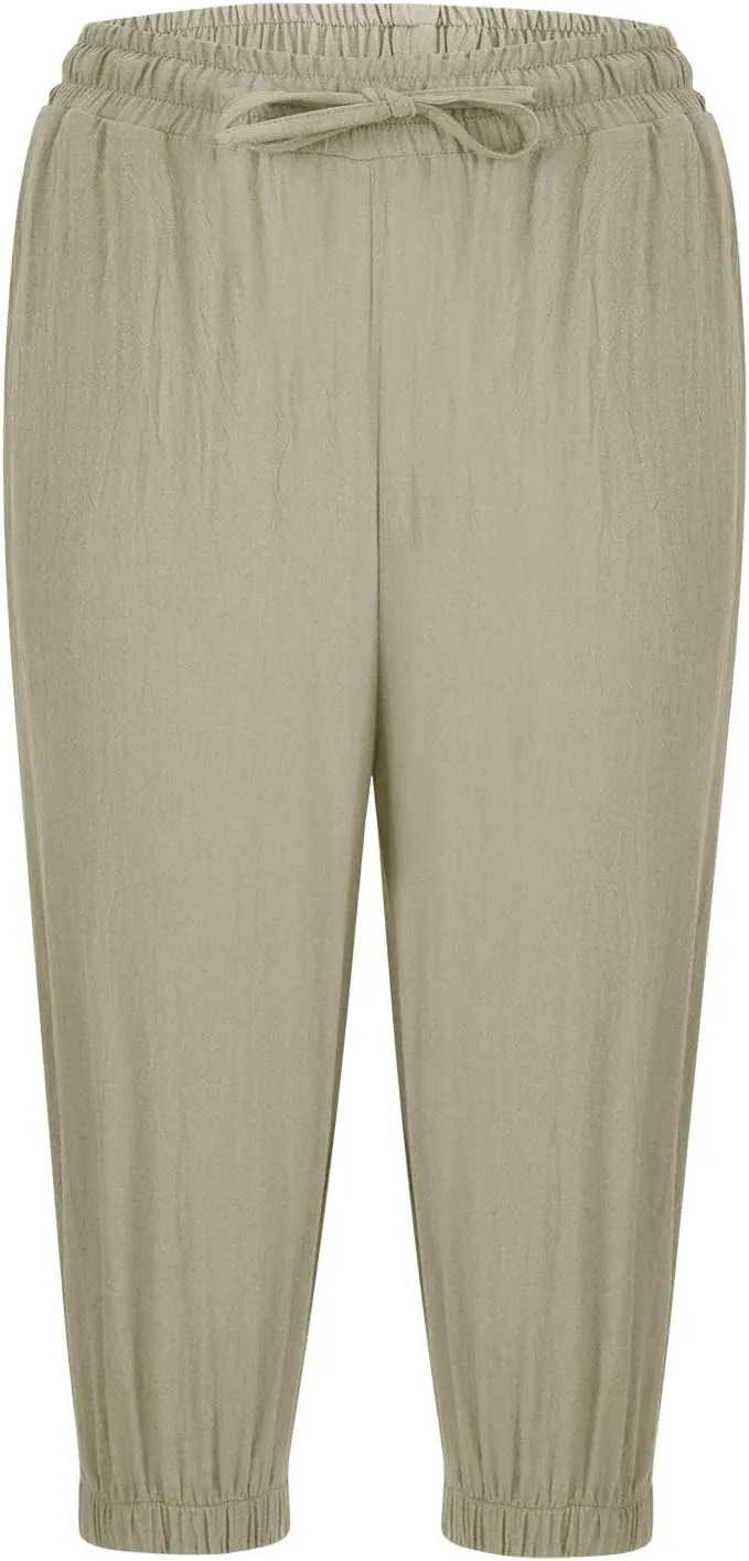 Capri Pants for Women Cotton Linen Elastic Waisted Drawstring Shorts with Pockets Summer Casual Shorts with Pockets
