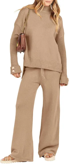 Caracilia Womens 2 Piece Sweater Set Knit Pullover Wide Leg Pants Lounge Matching Sets 2024 Fall Fashion Travel Outfits