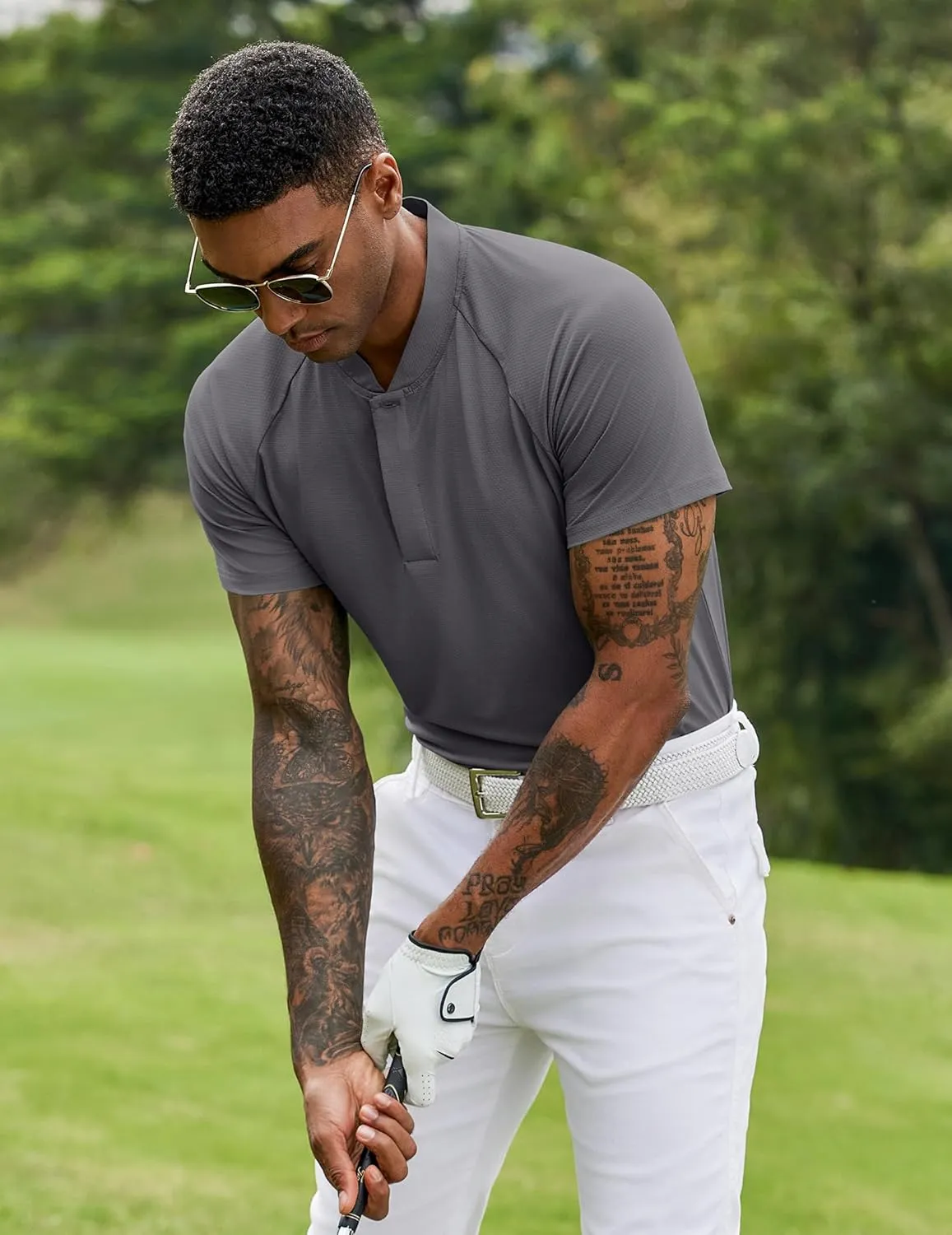 COOFANDY Men's Quick Dry Golf Polo Shirts Short Sleeve Henley Shirt Active Athletic Collarless Sports T Shirts