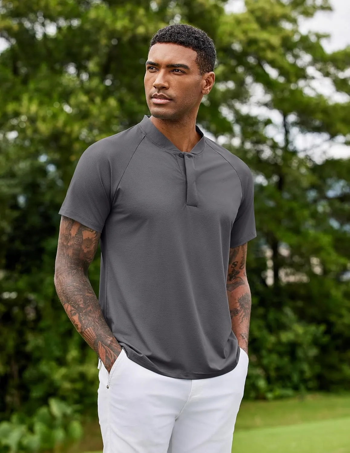 COOFANDY Men's Quick Dry Golf Polo Shirts Short Sleeve Henley Shirt Active Athletic Collarless Sports T Shirts