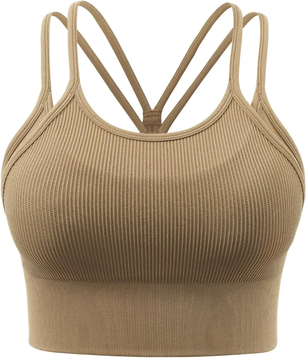 Cropped Workout Tops for Women Padded Strappy Longline Sports Bra Rib-Knit Crop Tank Tops(Y75M-Khaki)