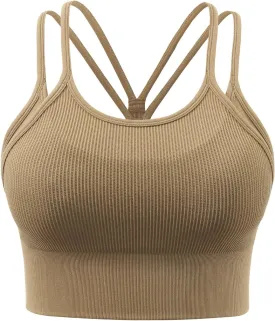Cropped Workout Tops for Women Padded Strappy Longline Sports Bra Rib-Knit Crop Tank Tops(Y75M-Khaki)