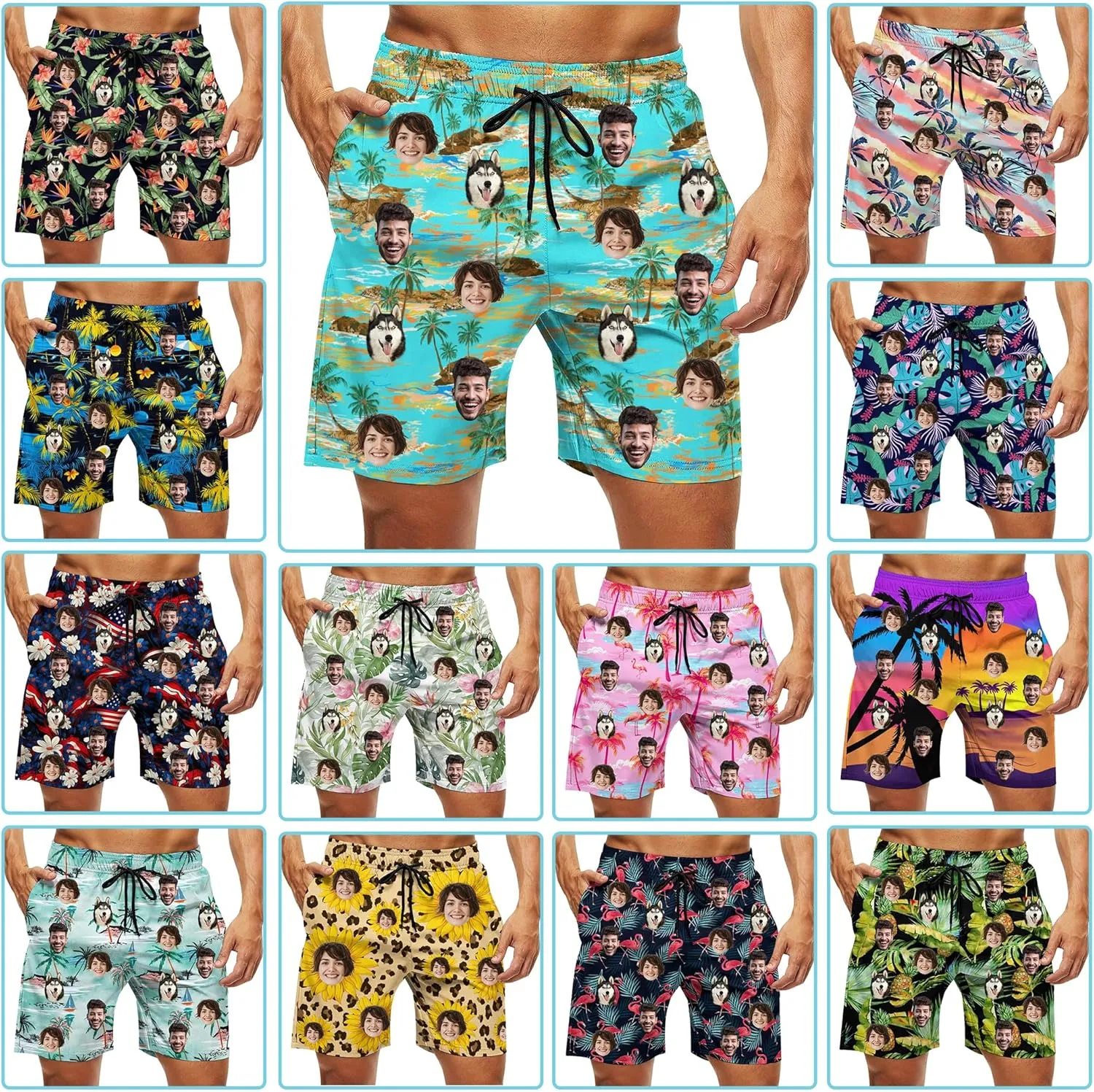 Custom Swim Trunks Men Personalized Funny Swim Beach Shorts with Faces on Them Custom Birthday Gifts for Men