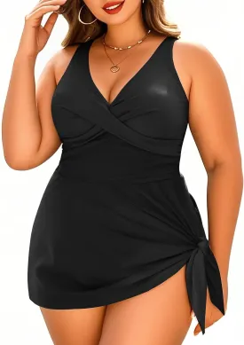 Daci Plus Size One Piece Swimsuits for Women Flowy Asymmetrical Hem Swim Dress with Shorts Built in