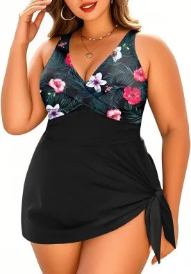 Daci Plus Size One Piece Swimsuits for Women Flowy Asymmetrical Hem Swim Dress with Shorts Built in