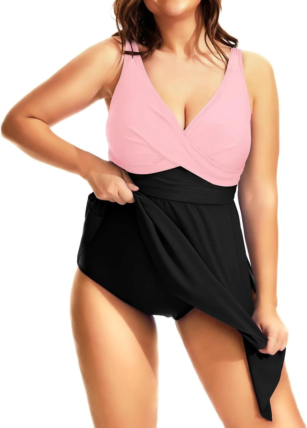 Daci Plus Size One Piece Swimsuits for Women Flowy Asymmetrical Hem Swim Dress with Shorts Built in