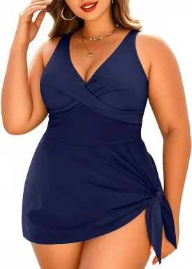 Daci Plus Size One Piece Swimsuits for Women Flowy Asymmetrical Hem Swim Dress with Shorts Built in