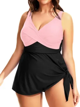Daci Plus Size One Piece Swimsuits for Women Flowy Asymmetrical Hem Swim Dress with Shorts Built in