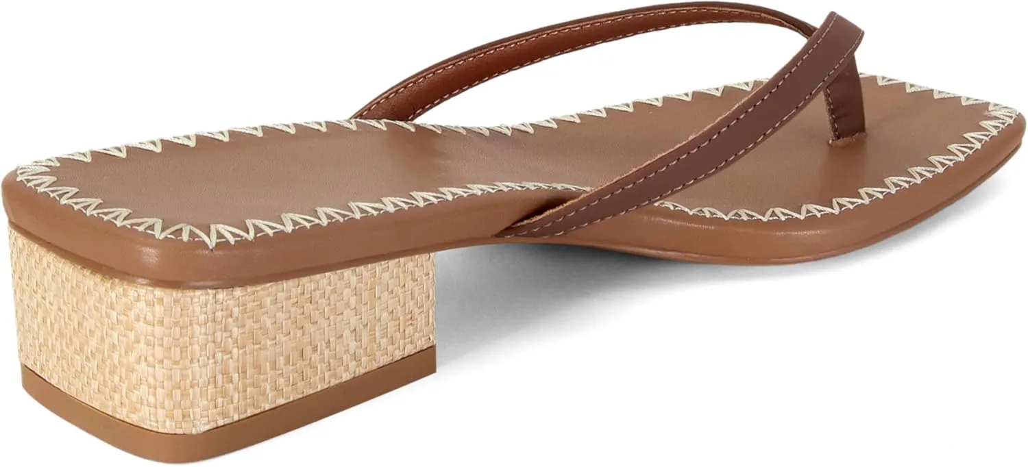 DOEYG Raffia Heels Sandals for Women Summer Beach Flip Flops Square Open Toe Flat Heeled Sandals Dressy Comfortable Slip on Thong Sandals
