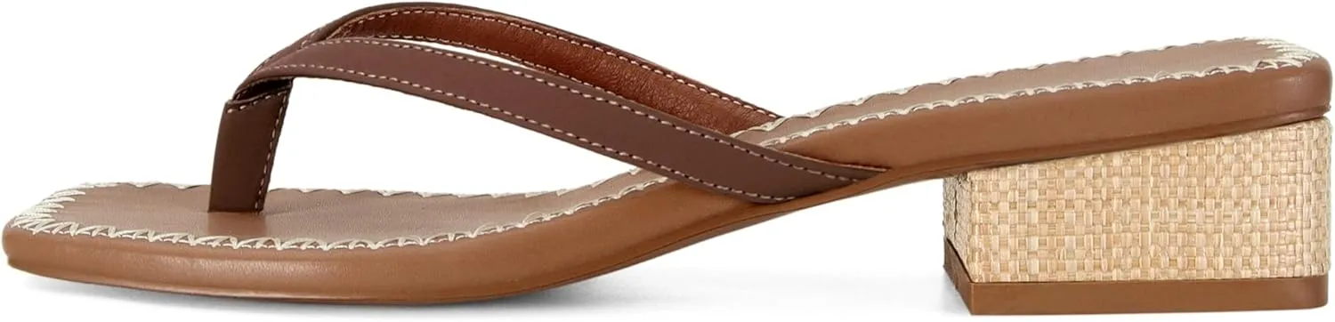 DOEYG Raffia Heels Sandals for Women Summer Beach Flip Flops Square Open Toe Flat Heeled Sandals Dressy Comfortable Slip on Thong Sandals