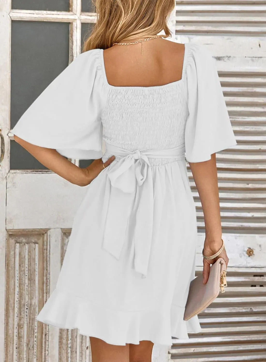Dokotoo Women's Wrap V Neck Short Flared Sleeve Wedding Guest Dress Smocked Elastic Waist Tiered Belted Ruffle Hem Mini Dress