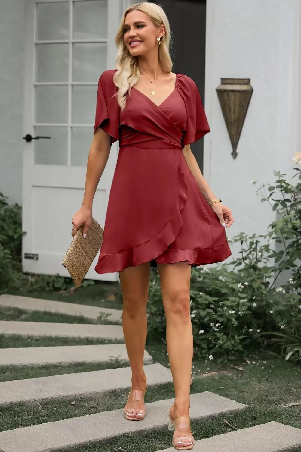 Dokotoo Women's Wrap V Neck Short Flared Sleeve Wedding Guest Dress Smocked Elastic Waist Tiered Belted Ruffle Hem Mini Dress