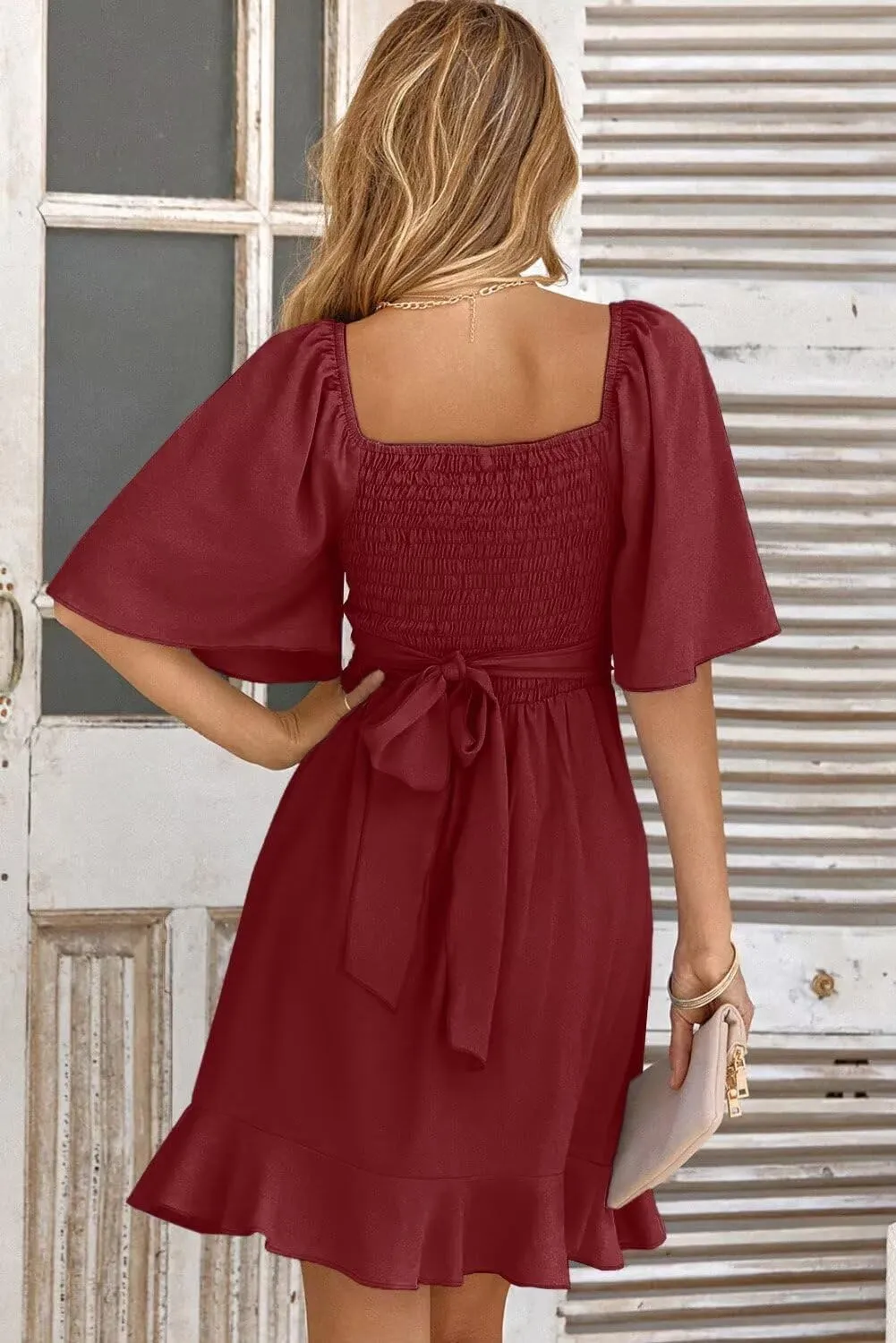 Dokotoo Women's Wrap V Neck Short Flared Sleeve Wedding Guest Dress Smocked Elastic Waist Tiered Belted Ruffle Hem Mini Dress