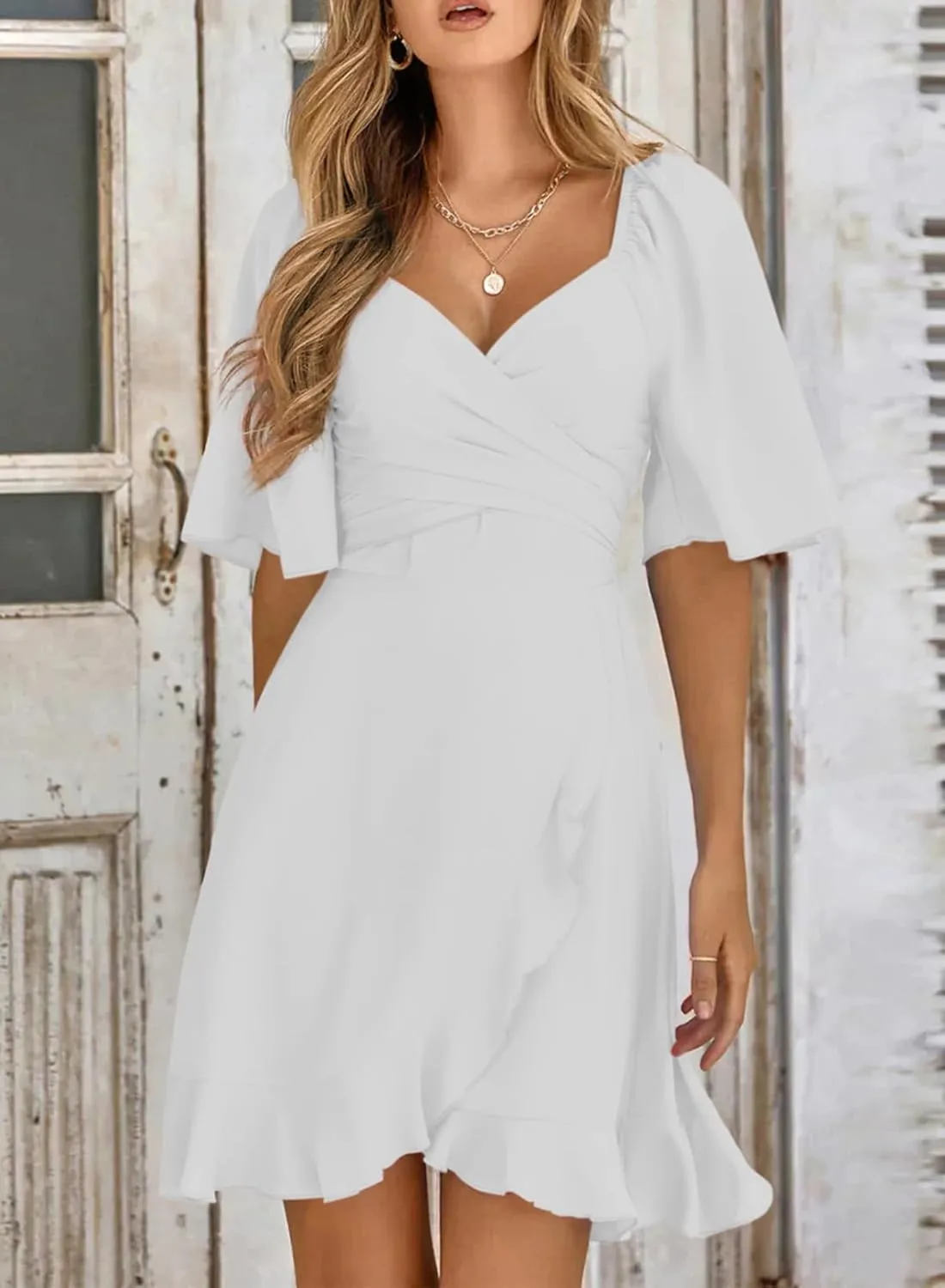 Dokotoo Women's Wrap V Neck Short Flared Sleeve Wedding Guest Dress Smocked Elastic Waist Tiered Belted Ruffle Hem Mini Dress