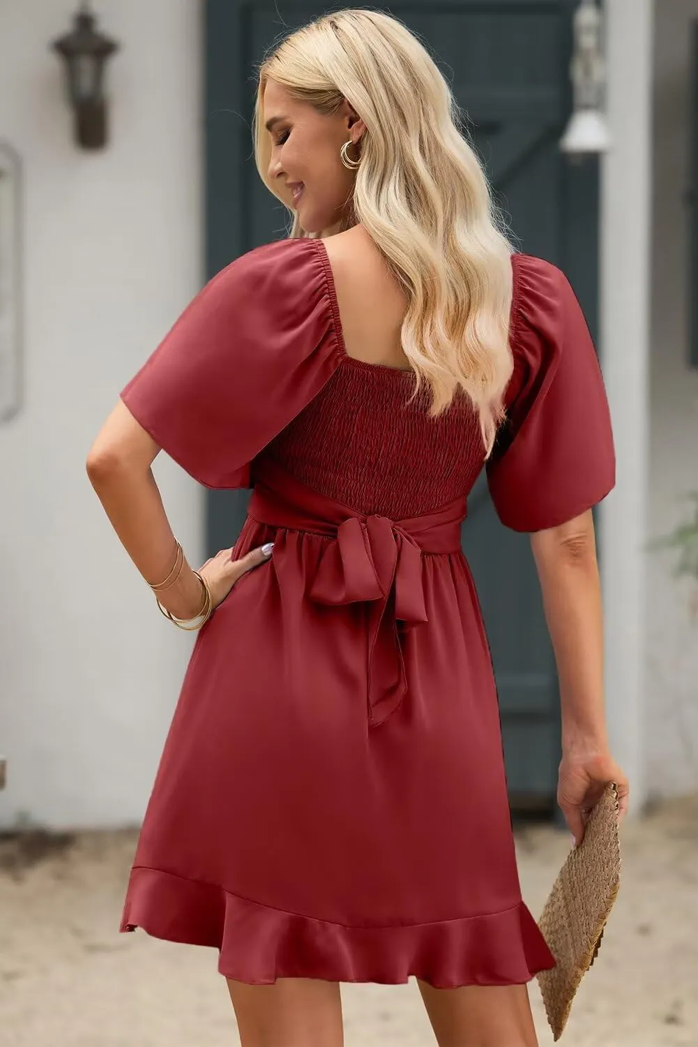 Dokotoo Women's Wrap V Neck Short Flared Sleeve Wedding Guest Dress Smocked Elastic Waist Tiered Belted Ruffle Hem Mini Dress