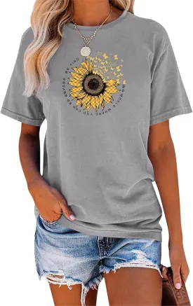 EADINVE Women's Short Sleeve Crew Neck Sunflower Graphic Printed Summer Tee Vintage T Shirt Cotton Tops Novelty Cool Shirt