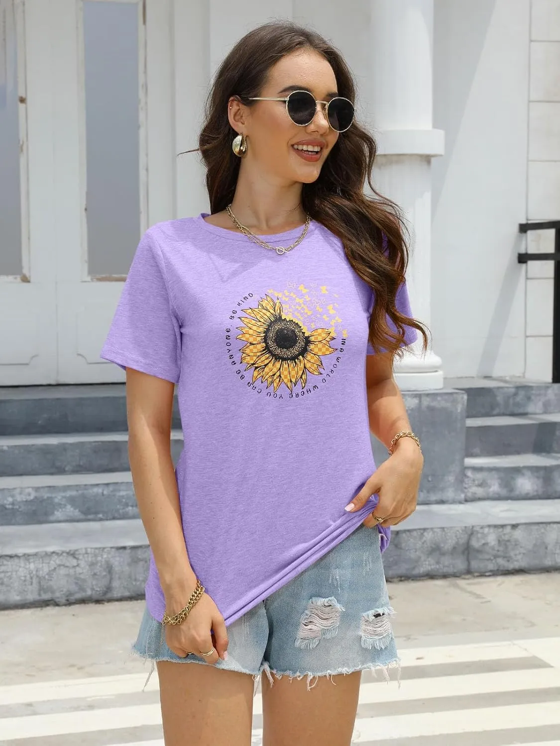 EADINVE Women's Short Sleeve Crew Neck Sunflower Graphic Printed Summer Tee Vintage T Shirt Cotton Tops Novelty Cool Shirt