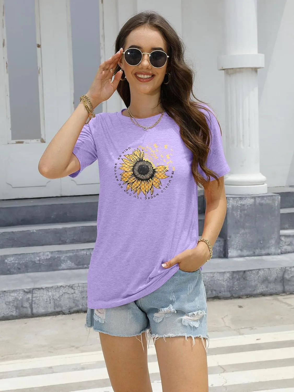 EADINVE Women's Short Sleeve Crew Neck Sunflower Graphic Printed Summer Tee Vintage T Shirt Cotton Tops Novelty Cool Shirt