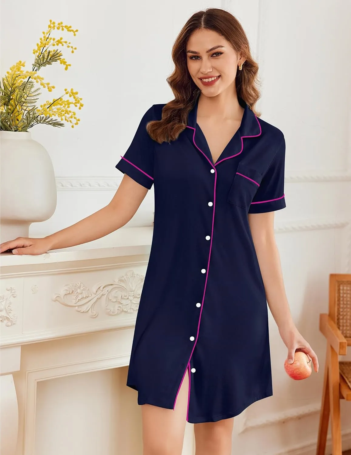 Ekouaer Nightgowns for Women Button Down Sleepshirt Short Sleeve Nightshirt Boyfriend Pajamas V Neck Nightdress S-XXXL