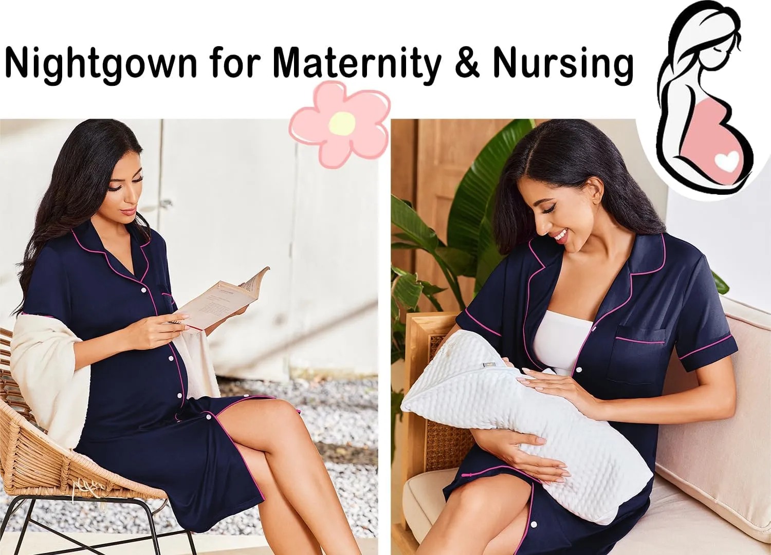 Ekouaer Nightgowns for Women Button Down Sleepshirt Short Sleeve Nightshirt Boyfriend Pajamas V Neck Nightdress S-XXXL