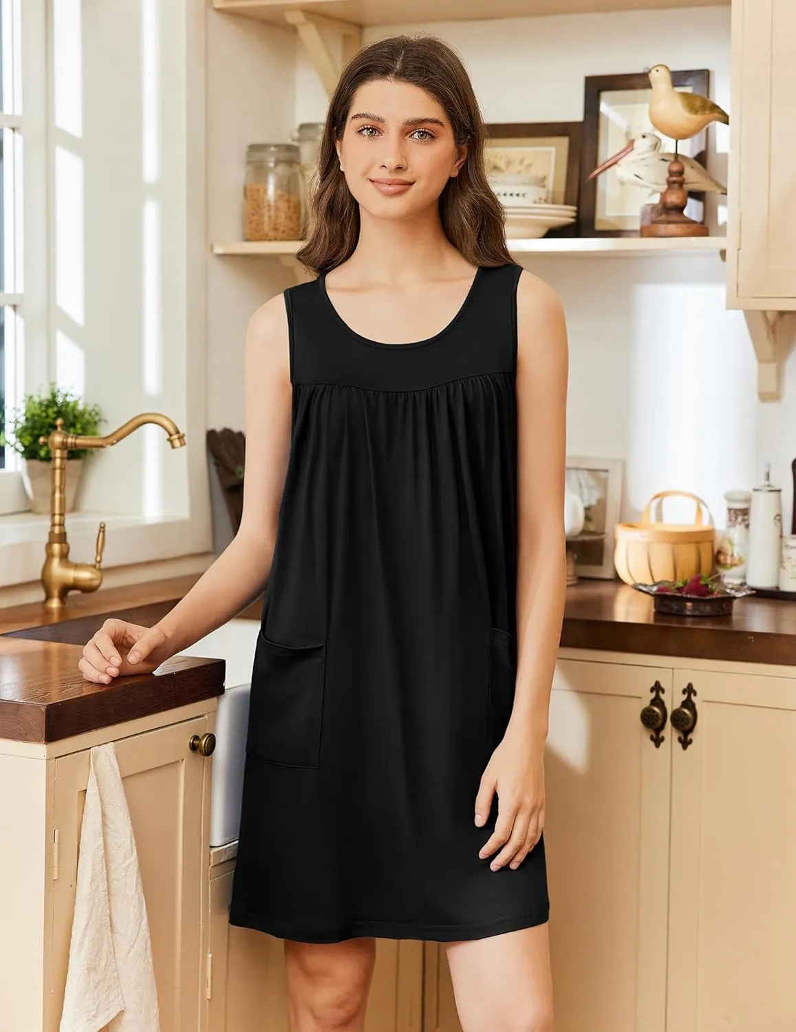 Ekouaer Nightgowns for Women Tank Sleep Shirts Sleeveless Sleep Dress with Pockets Wide Strap Nightshirts