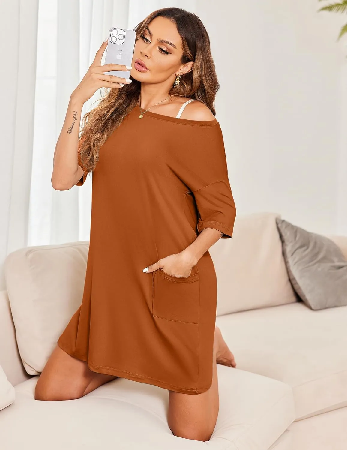 Ekouaer Sleep Shirts for Women Nightgown Short Sleeves T shirt Night Dress Round Neck Womans Nightgown with Pocket S-XXL