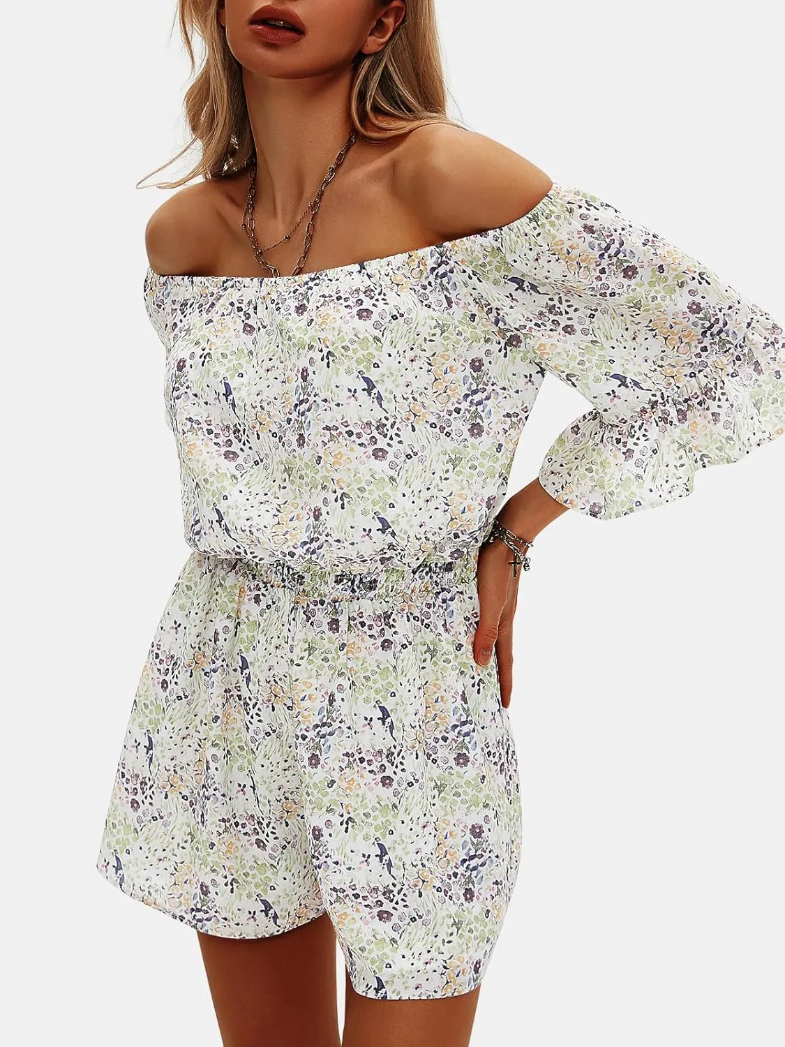 EXLURA Women's Summer Floral Romper Dress Off Shoulder Ruffle Elastic Wasit Wide Leg Shorts Jumpsuit Vacation Beach 2025